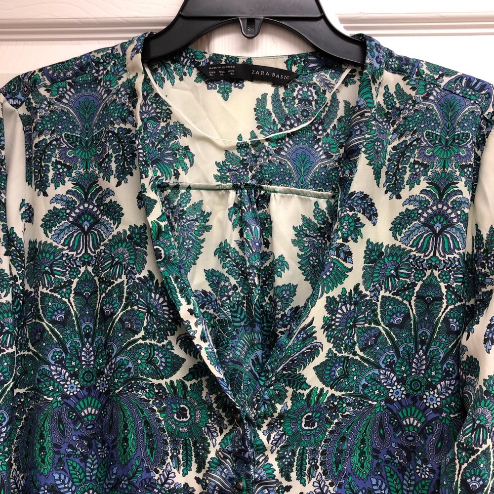 Zara Basic Green Floral Print Women’s Blouse XL